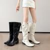 Big tube around boots women spring and summer leather babes but knee boots pointed thick heel black pile boots women