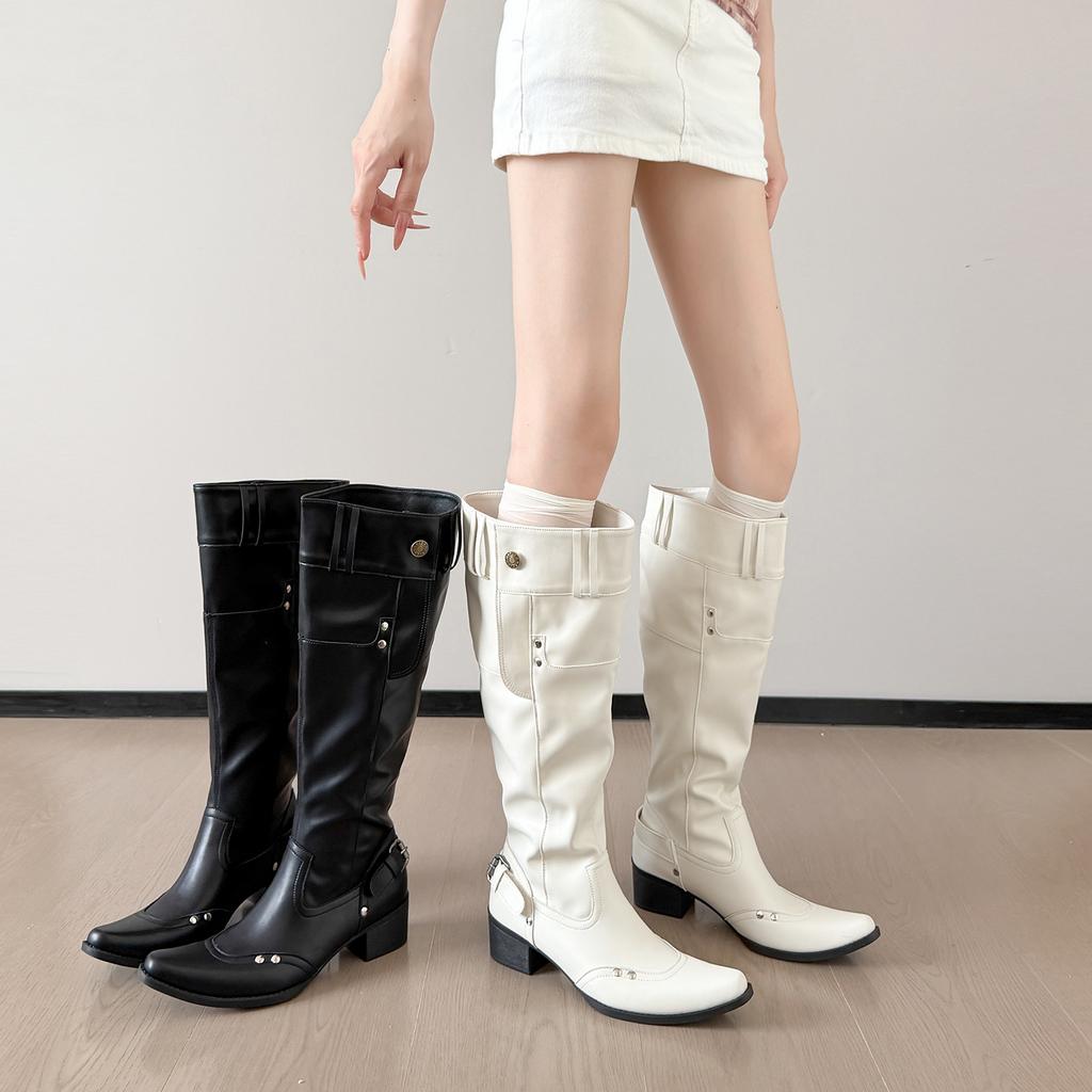 Big tube around boots women spring and summer leather babes but knee boots pointed thick heel black pile boots women