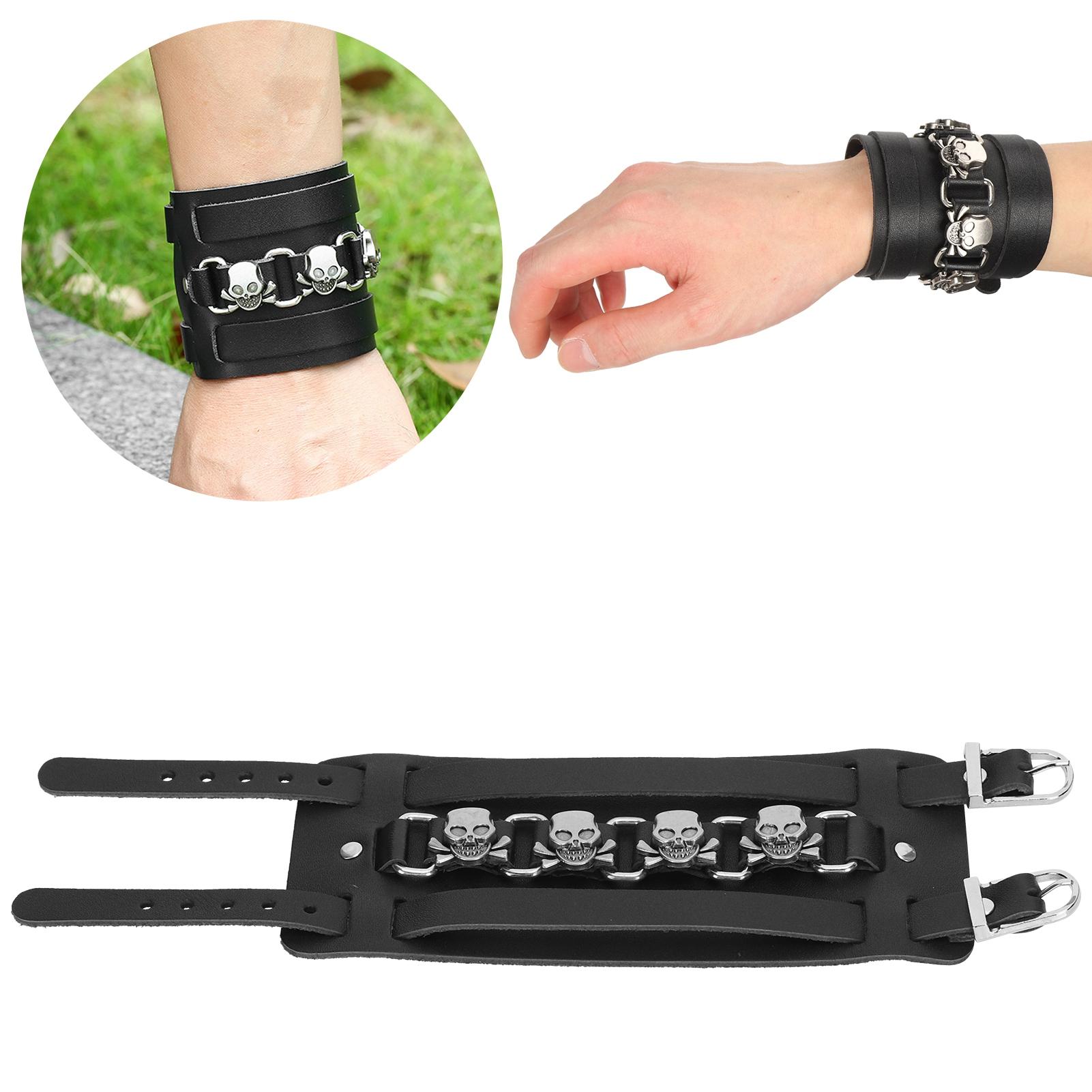 

Bracelet Split Leather Pin Buckle Vintage Skull Wrist Cuff Jewelry(Black )