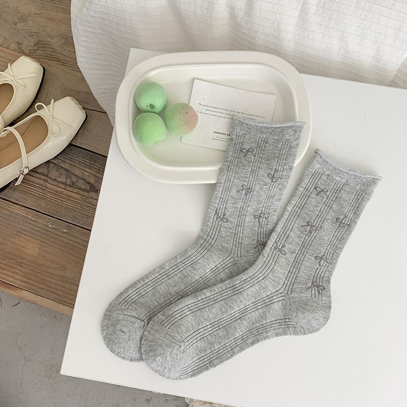 

Женские летние тонкие милые носки-гольфы без косточек с рюшами и бантиком 1 pair серый