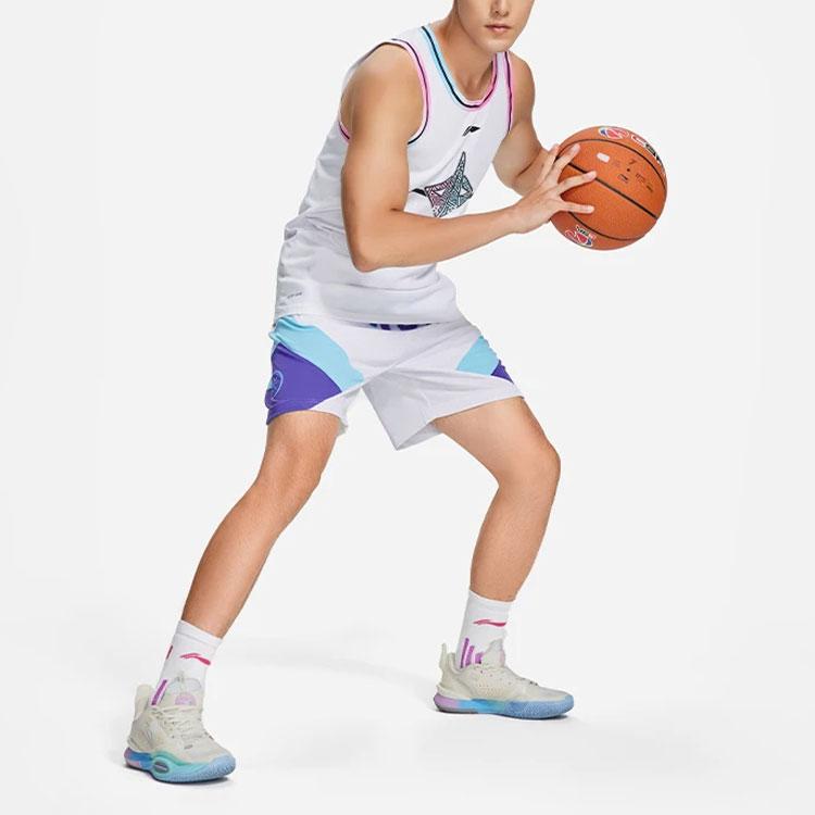 Li-Ning Wade Series Color Block Letter Print Basketball Shorts Men Shorts White AAPS109-12