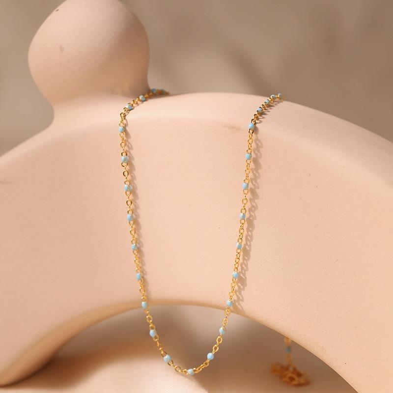 Gold Plated Dainty Mini Rainbow Enamel Bead Station Choker Necklace