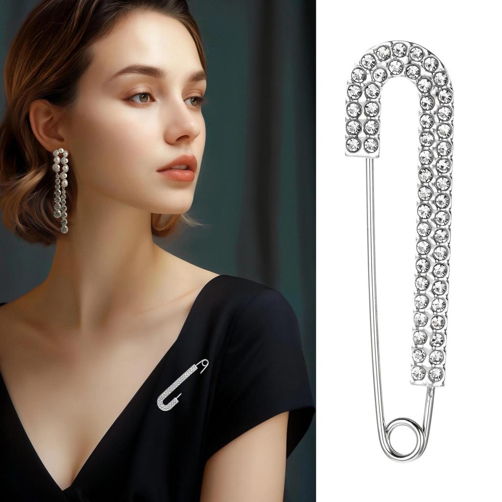Silver Tone Rhinestone Safety Pin Silver Buckle Jewelry Large Brooch Luxurious Safety Clothing Pin for Scarf Women Shiny Fashion