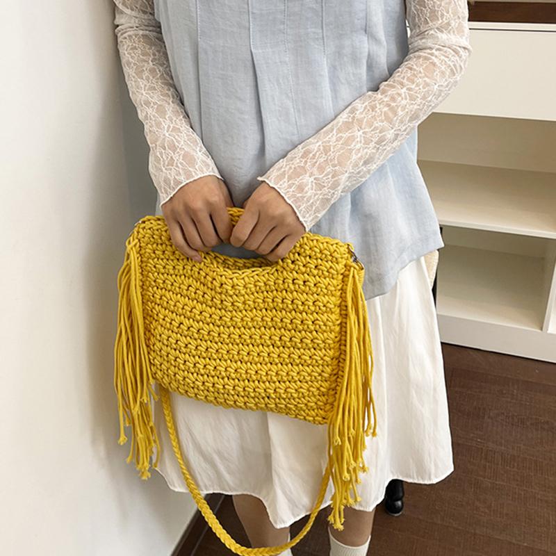 Yogodlns Knitted Tassel Bag New Summer Vacation Style Single Shoulder Diagonal Cross Woven Bag Fashionable Simple Women's Handbag
