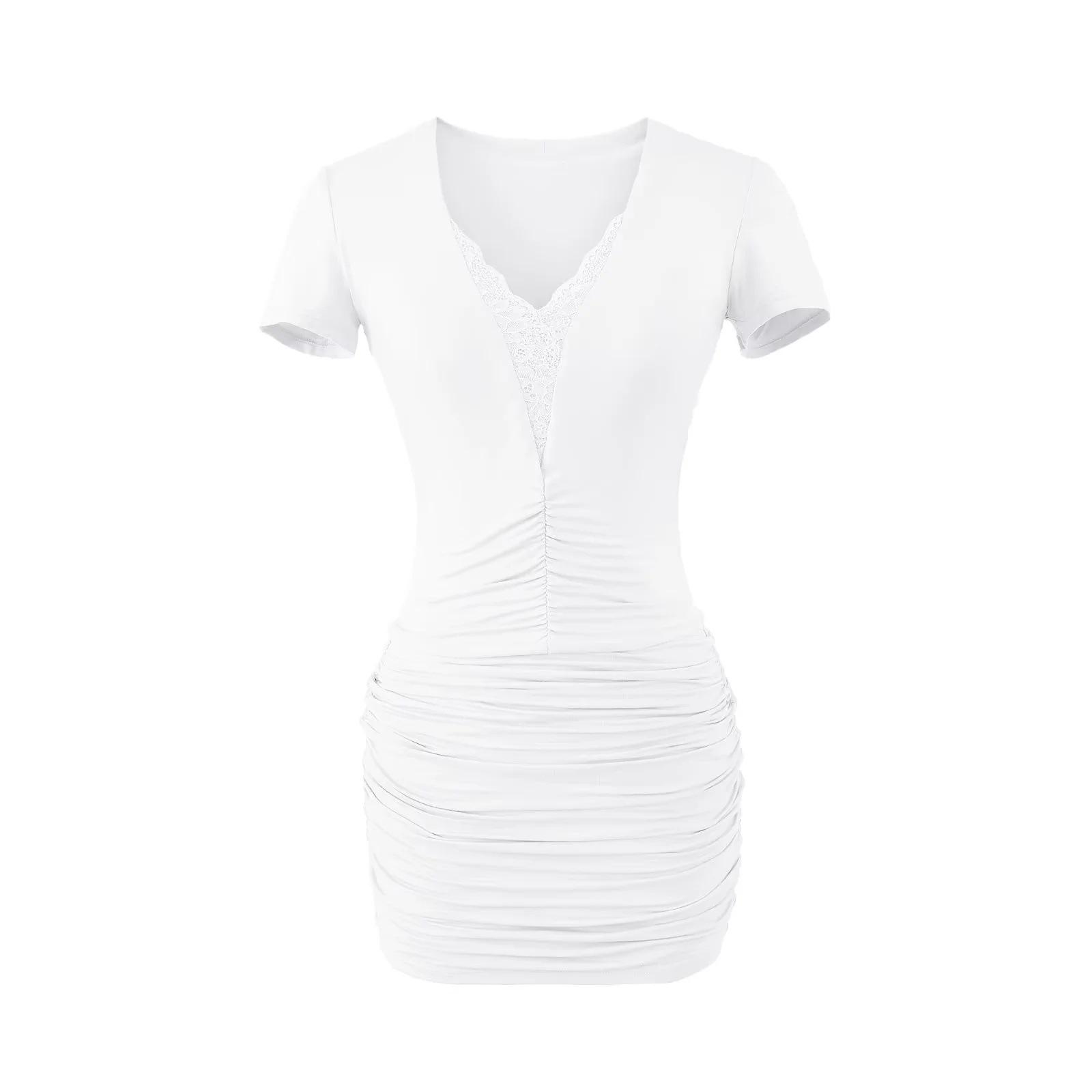 Pure Desire Sexy Deep V-Neck Lace Patchwork Short-Sleeve Pleated Slim-Fit Dress Medium