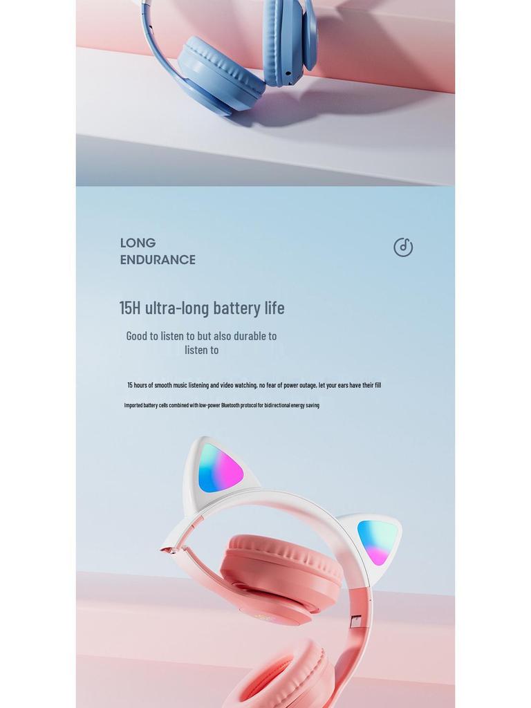 Sky Blue Cat Ear Bluetooth Headphones with Breathing Light