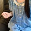Lace pastoral blue floral pajamas women's summer short-sleeved shorts cardigan set can be worn outside loungewear