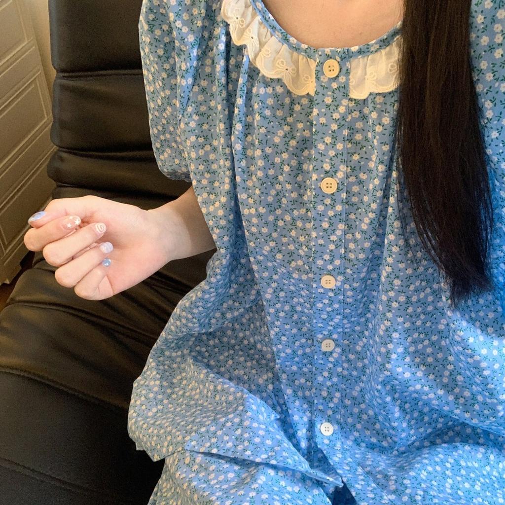 Lace pastoral blue floral pajamas women's summer short-sleeved shorts cardigan set can be worn outside loungewear
