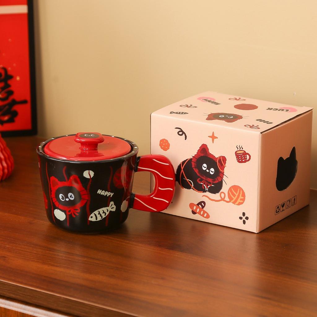 Happy Cat Series Ceramic Lid Mug Cartoon Cute Couple Water Cup Birthday Gift Cup Female High Value