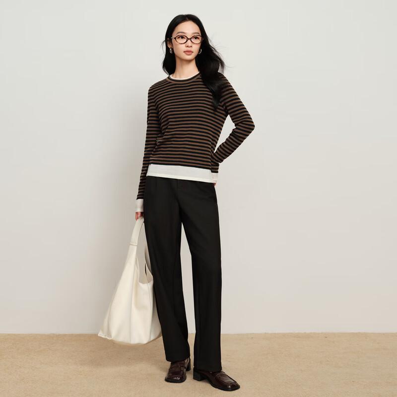 Elva' Island Women's Coffee Stripe Faux Two-Piece Knit Sweater