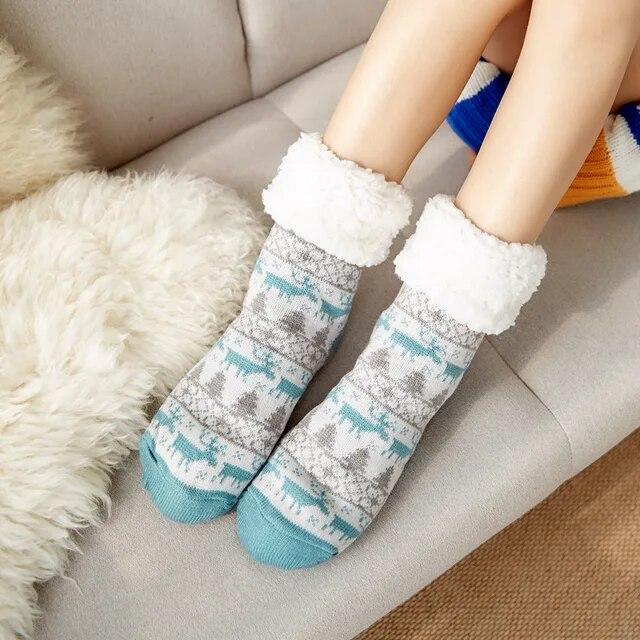 Winter Warm Socks Women Plush Soft Female Non Grip Floor Slippers Short Sock Fuzzy Fluffy Deer Elk Bear Christmas Gift