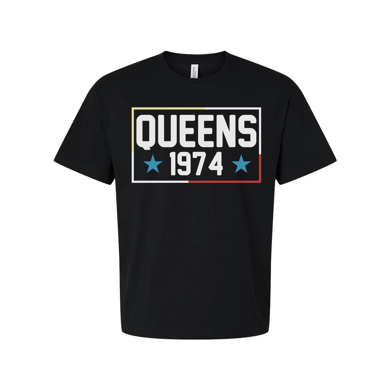 

Queens 1974 Graphic Tee Unisex Short Sleeve T Shirt With Bold Rectangle Design S