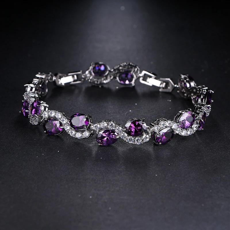 Nytt glitrende lilla krystall hvitt zirkonia komplett sett armbånd dame elegant temperament zirkon tilbehør fest feriegave