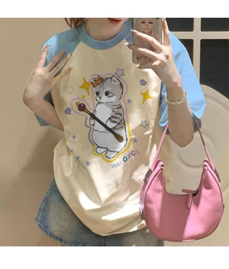 American cartoon shoulder short-sleeved T-shirt for women