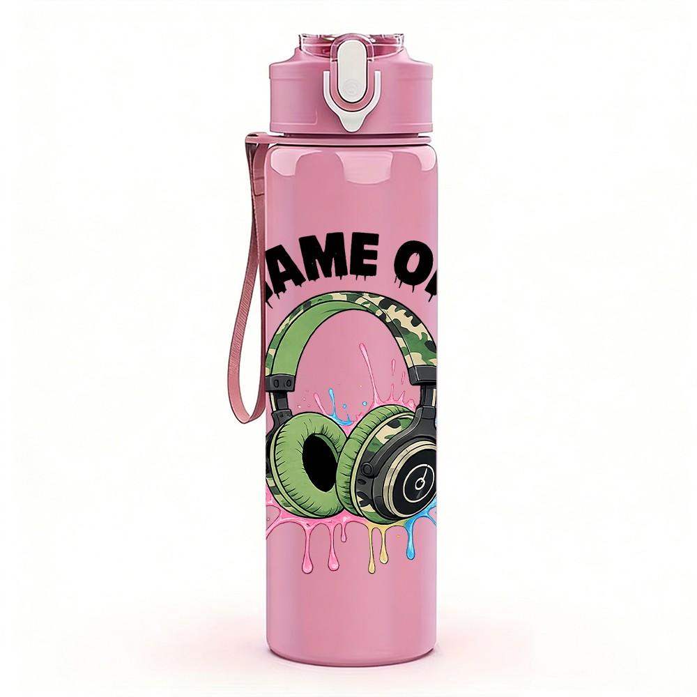 1PC Game On Headphone Gaming Slogan Print 750ml Color Plastic Sports Water Bottle Leakproof Flip Straw Lid Suitable for Sports Office Home Use