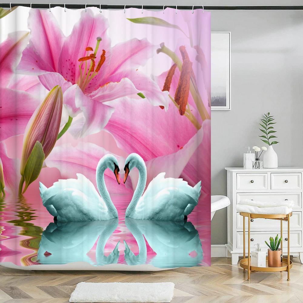 Beautiful Lovers Swan Print Shower Curtain Waterproof Fabric Bathroom Curtains Romantic Girl Home Decoration Curtain Wall Cloth