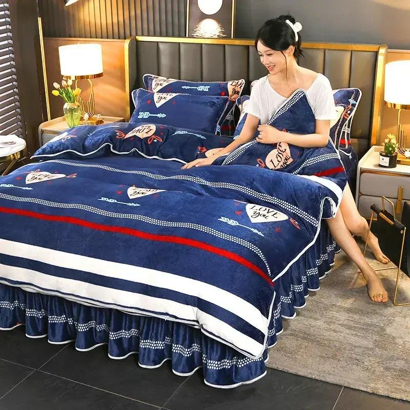 4pcs Double-sided Flannel Duvet Covers Milk Plush Bed Skirt Pillowcase Thicken Four Piece Set Bedding Article Three Piece Winter