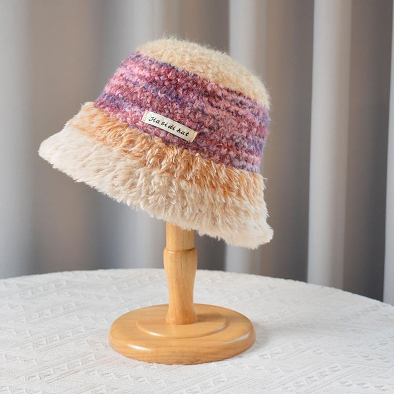 Women Autumn Winter Warm Thicken Ear Protector Hat Cold Velvet Knitted Fisherman Hats Sweet Cute Stripe Bucket Cap