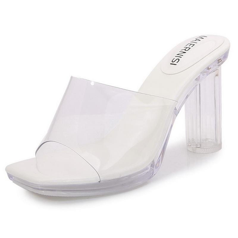 

Women Office Crystal High Thick Heel Sandals Transparent Platform Round Heel Slide Sandals for Nightclub Party Banquet Wedding 35 белый