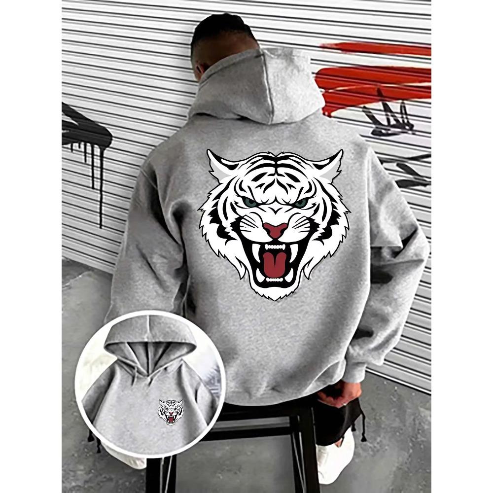 Herbst Winter Herren Kreatives Weißes Tigerkopf-Print Kapuzenpullover Locker Bequem Lässig Sport Langarm Kapuzenpullover