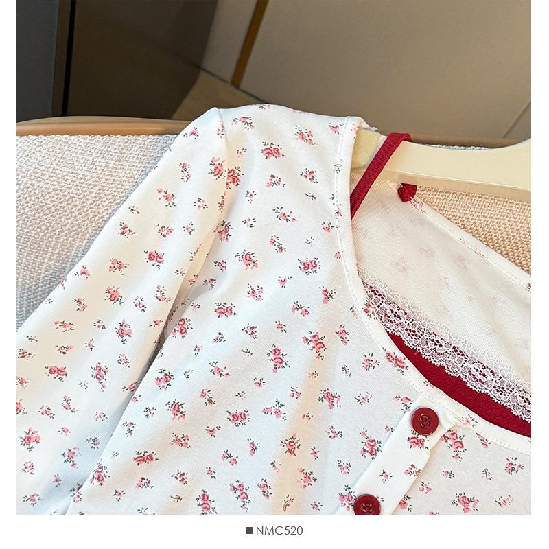 Women's Floral Button-Up Two-Piece-Style Long-Sleeve Slim Fit Top