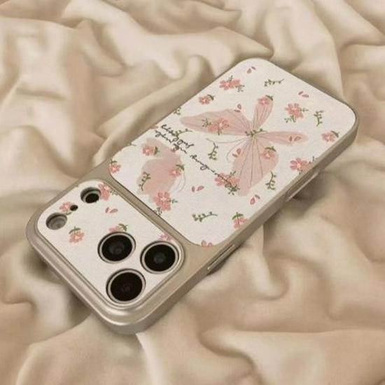Korean Flower Butterfly Phone Case for Apple 17 Pro Max with Full Coverage, Cute Design, and Silver Frame