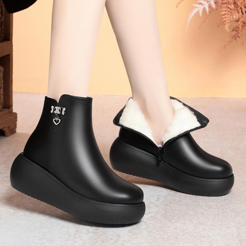 Round Head Short Boots Women's Autumn and Winter Cotton Shoes, New Leather Shoes Platform Women's Shoes Muffin Shoes Side Zipper Velvet Women's Boots