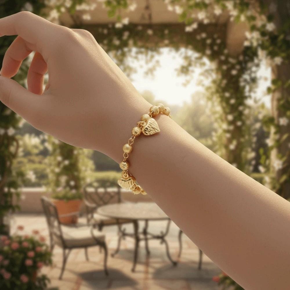 Elegant Gold Pendant Bracelets 4mm Width Multi Bead Cuban Chain Heart Charm Hand Chain Women