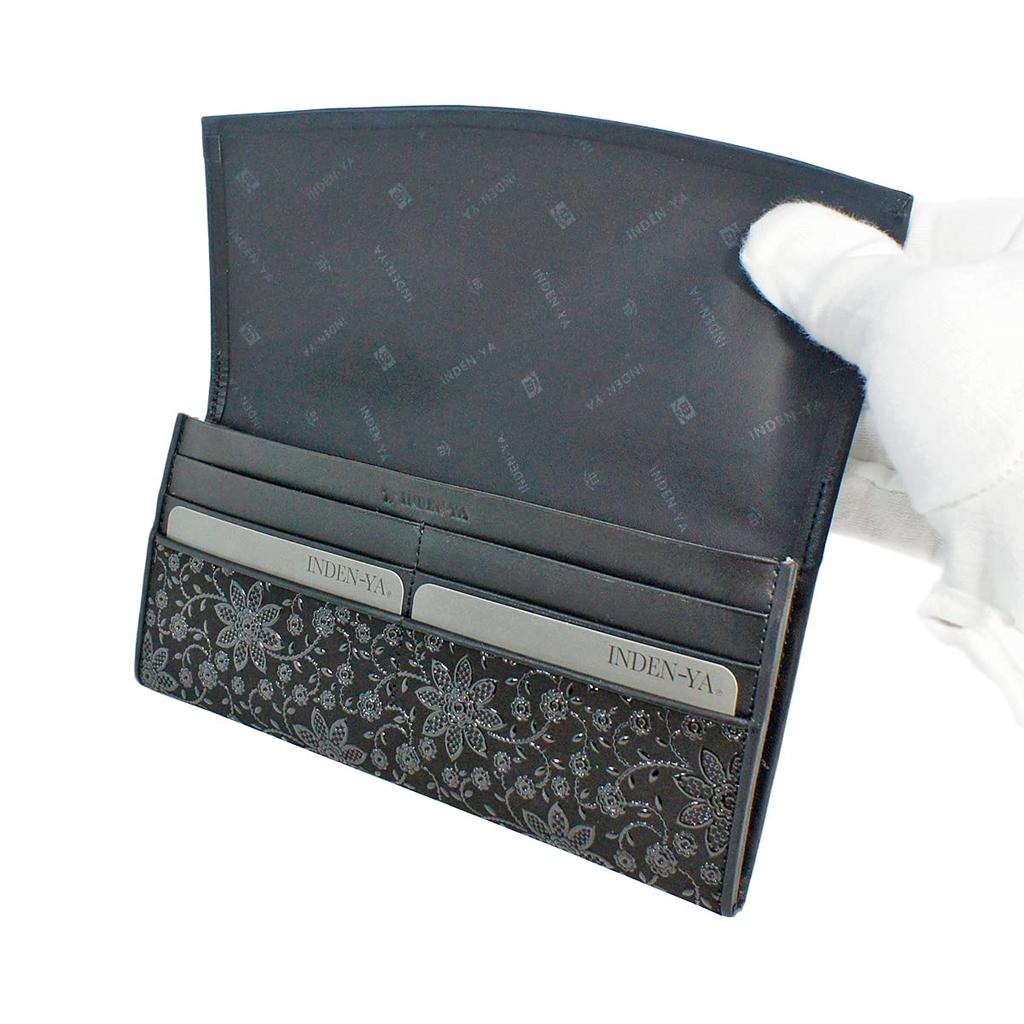 Inden Long Black with Black Clematis [Inden-ya] Wallet, Thin, Deerskin, Lacquer, Pattern, 2311-01-169
