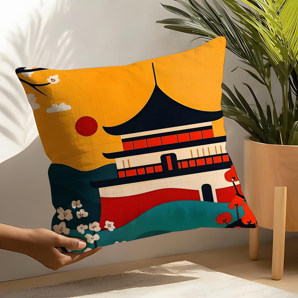 Retro Japanese Pagoda Landscape 2 Pillow Case Linen Cushion Covers For Decorative Sofa Home Pillows Case Car Chair Pillows Cases