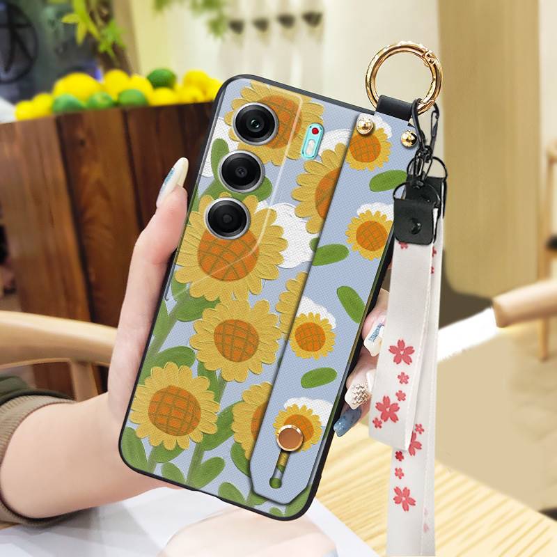 Durable Lanyard Phone Case For Tecno Camon40 Pro 4G/5G/CM6/CM7 Waterproof Back Cover Oil Painting Ring Silicone Flower