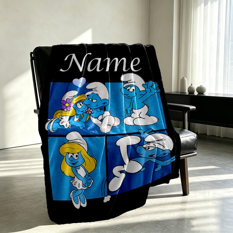 Custom Name Personalized Blue Smurfs Print Blanket, Home Decor, Bedroom, Sofa, Camping, Couch, Gifts for Birthday Christmas
