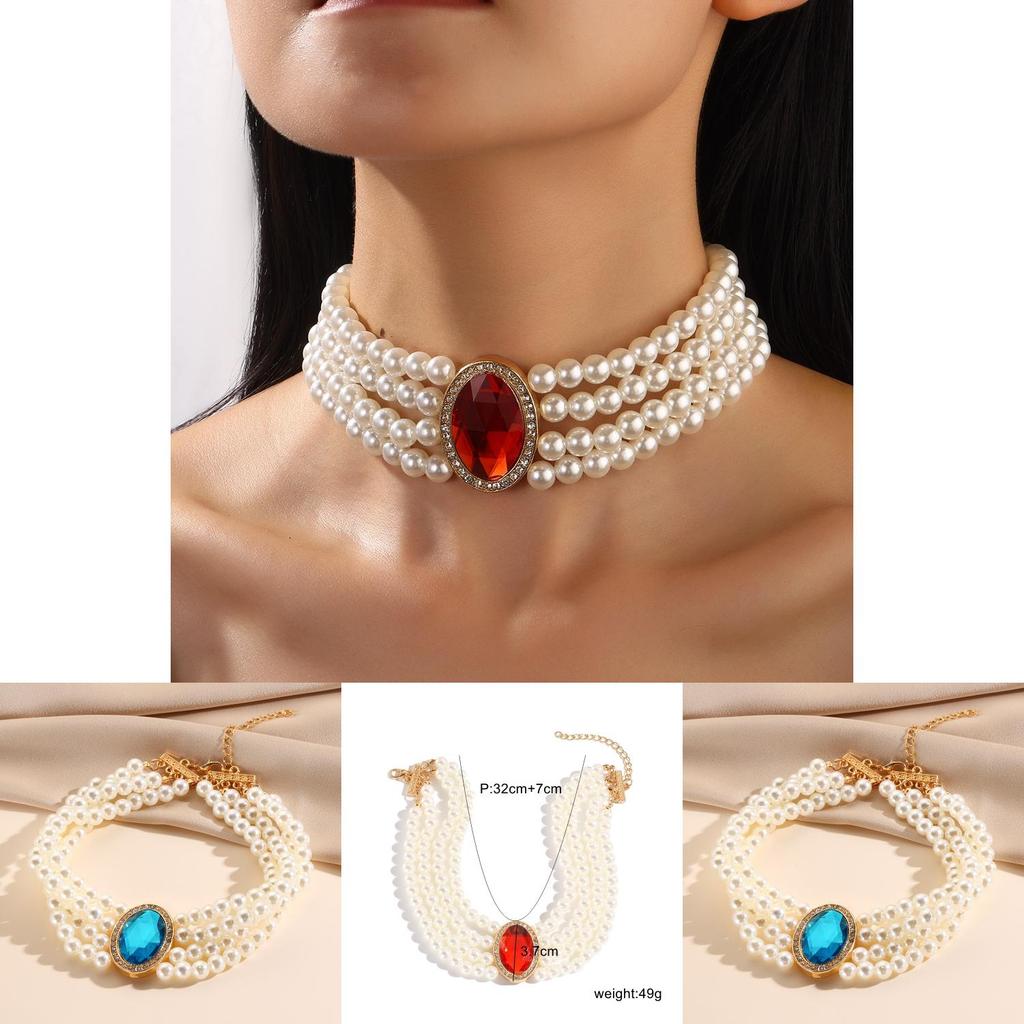 Palace Elegant Multi Layered Simulated Pearl Gemstone Necklace Neck Accessory For Women