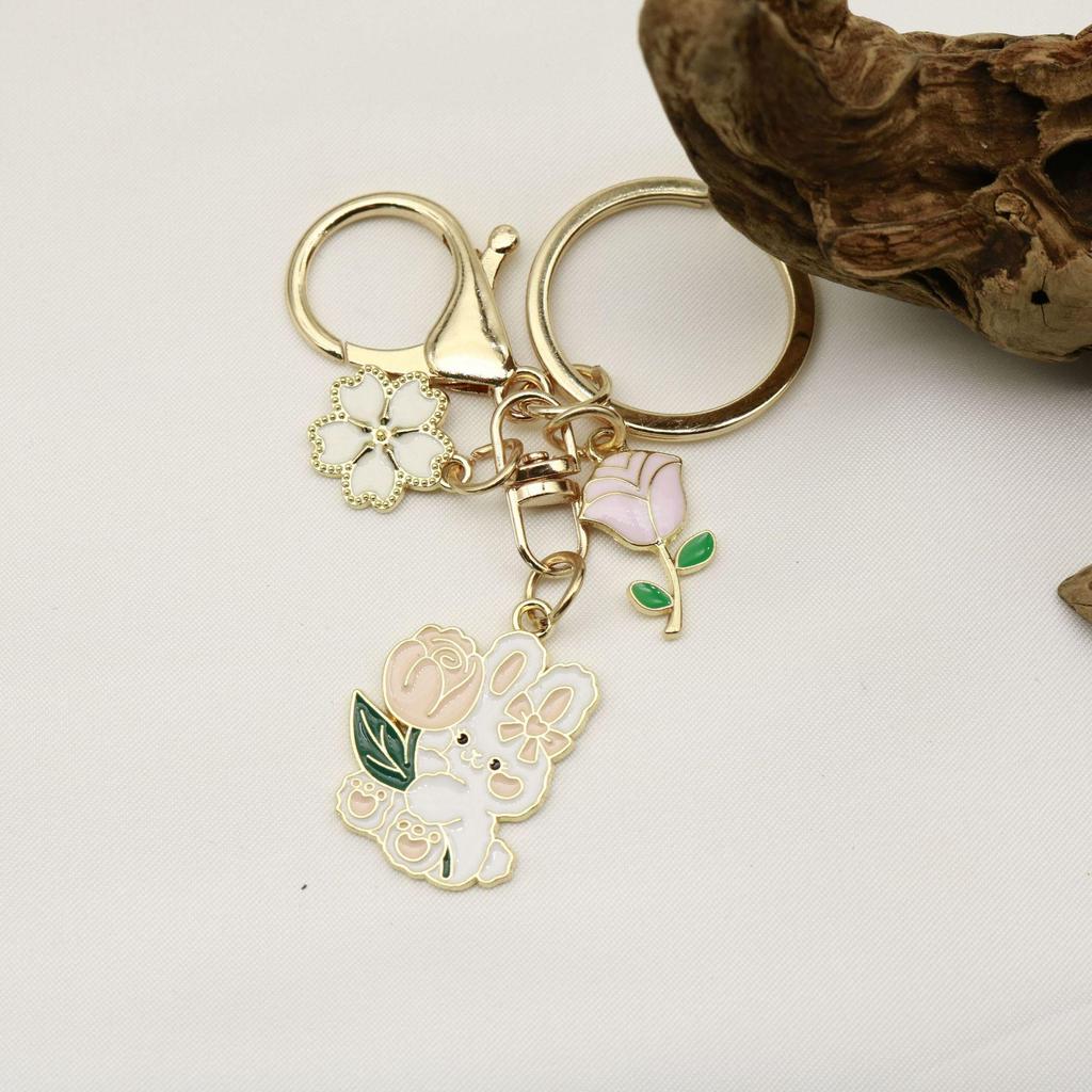 Cute Cartoon Rose Flower Rabbit Keychain - Festive New Year Gift & Backpack Pendant Pair