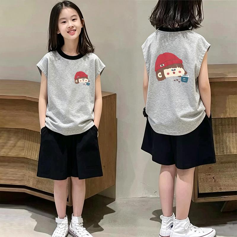 Girls' Retro Color Block Cotton Vest Set - Stylish Sleeveless T-shirt Two-Piece for Summer