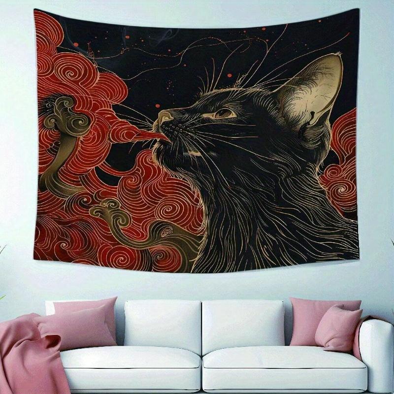 1 Pc Asian Ukiyo Art Japanese Cat Swallowing Clouds Wave Fabric Fun Tapestry Wall Hanging with Accessories, Home Dormitory Bedroom Wall Decor