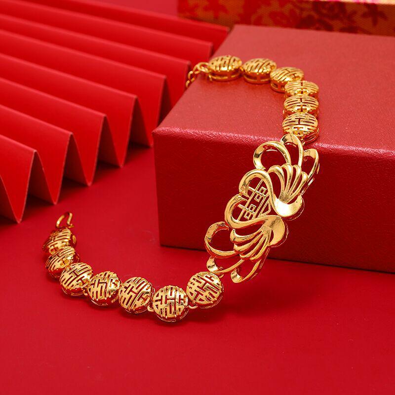 Antique Style Double Happiness Golden Mandarin Duck Women's Gold-Plated Bangle for Weddings