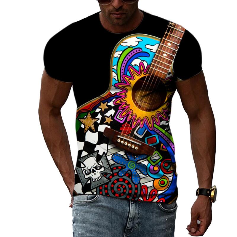 Summer Fashion Guitar Picture  T-Shirts For Men Casual 3D Print Tees Hip Hop Personality Round Neck Short Sleeve Tops