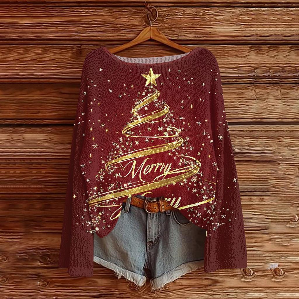 Women's Round Neck Lightweight Sweater Casual Long Sleeve Christmas Print Knit Pullover.