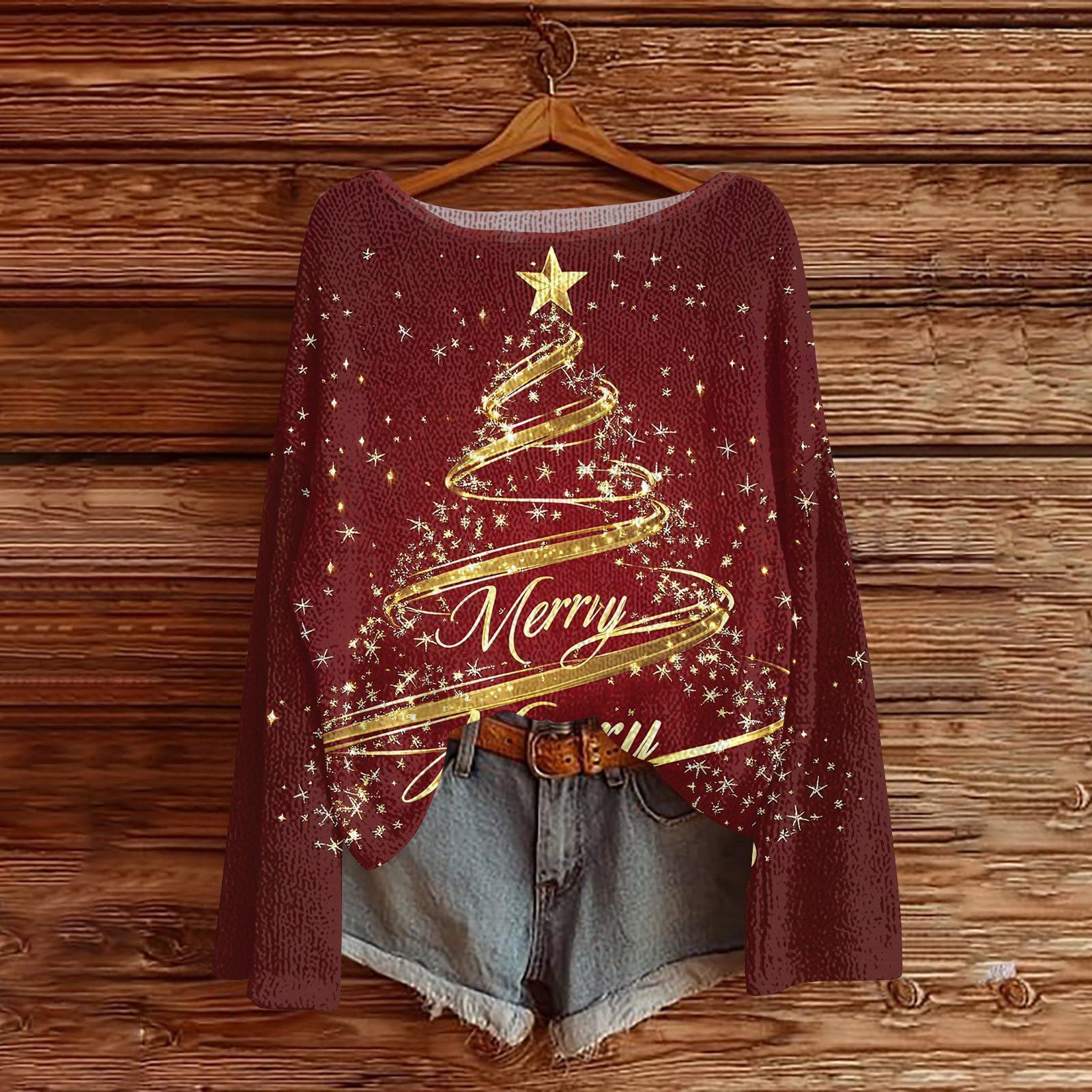 

Женский легкий свитер с круглым вырезом, повседневный вязаный пуловер с длинным рукавом и рождественским принтом. S золотой