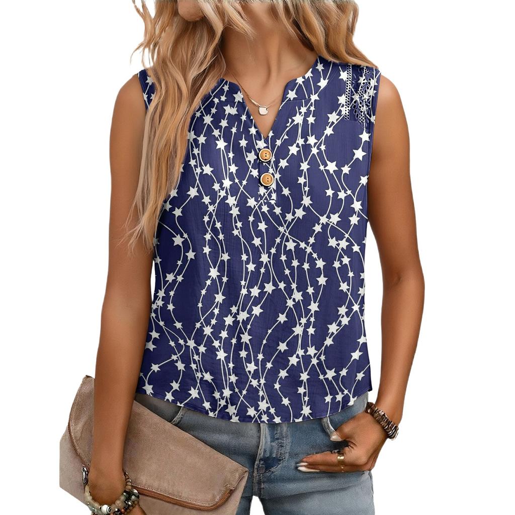 Women's Casual, Loose-Fitting, Printed, Sleeveless Linen Blouse