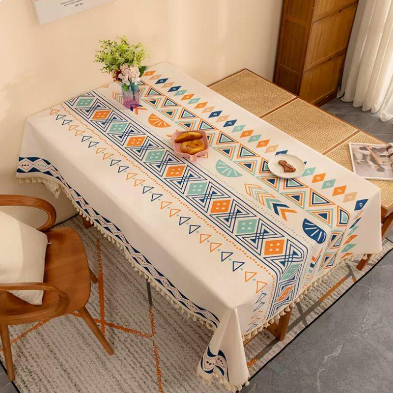 

Bohemia Tablecloth Cotton and Linen Waterproof Disposable Print Geometry Rectangle Dining Table Cushion Fabric Craft Table Mat Tablecloth Tassel + Retro geometric Green 90*140