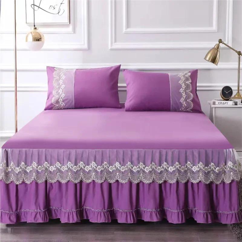 3pcs Bed Skirt Bedspread Pillowcase Ruffle Lace Anti Slip 1.8x2.0m Bed Cover Solid Colour Lace Mattress Dust Bedding Cover