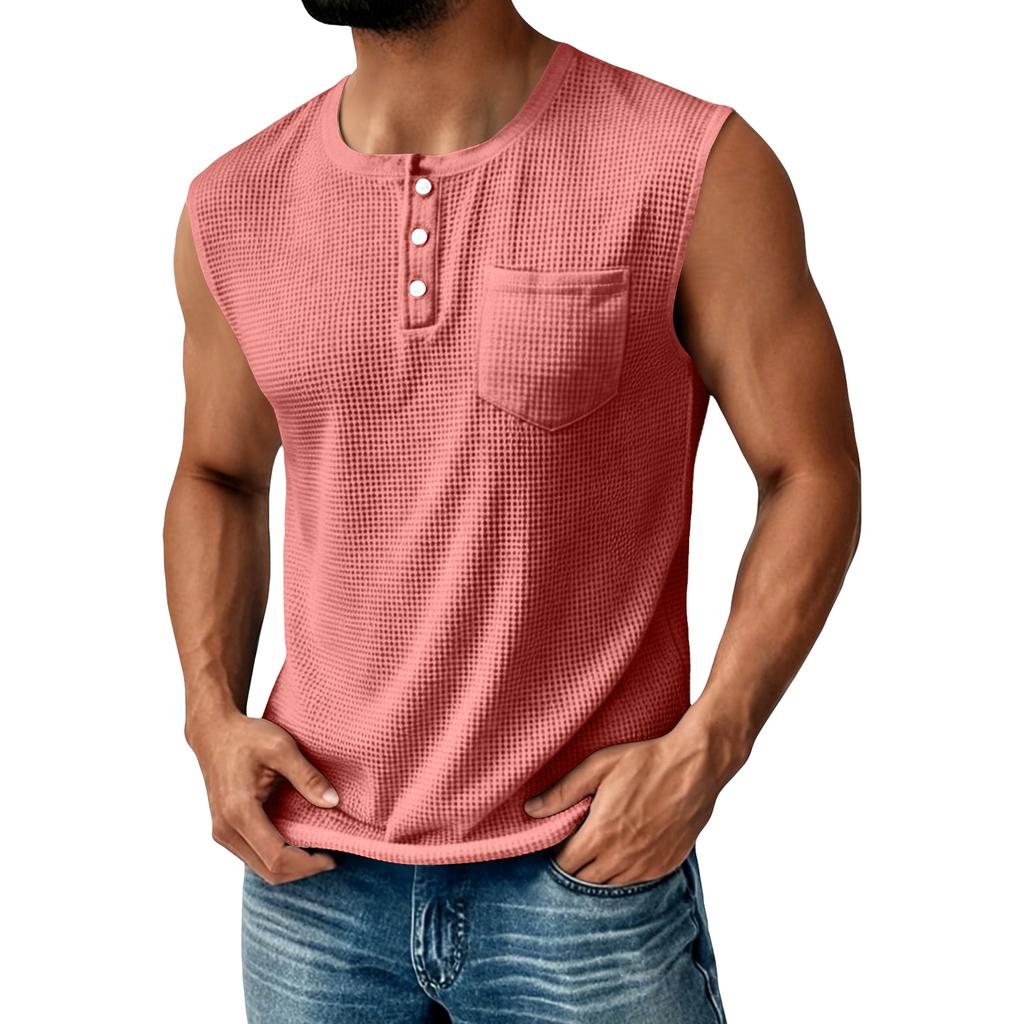 Canotta Henley da uomo in maglia senza maniche con taschino sul petto e chiusura a bottoni, vestibilità casual atletica per l'uso quotidiano