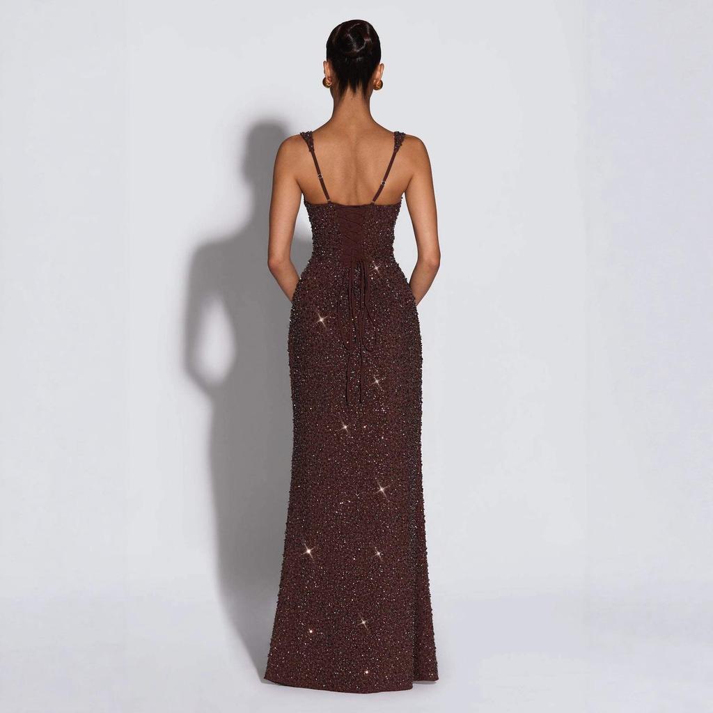 2025 European & American Sexy Spaghetti Strap Off-Shoulder Slim-Fit Shiny Dress