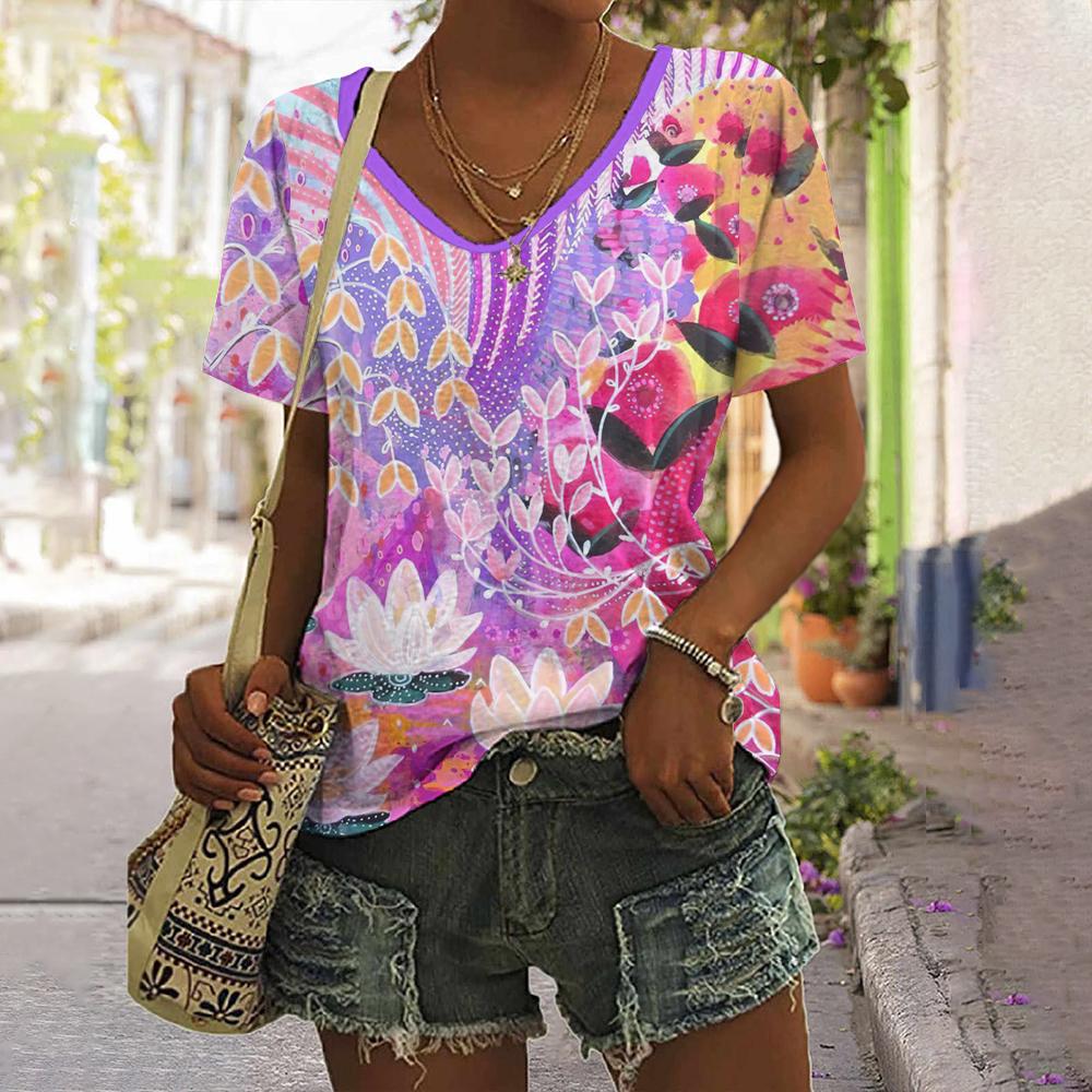 Summer V-neck 3D Printed Colorful Floral Graphics Top Fashionable Casual Short Sleeved Women's T-shirts