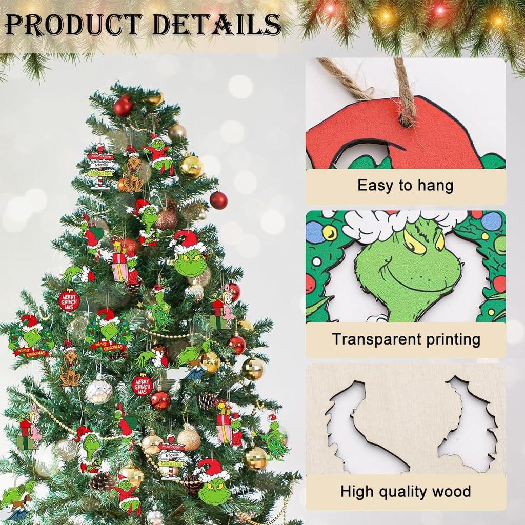 24 Stück Lustige Grinch Weihnachtsdekorationen Weihnachtsbaum Holz Hängeornamente Sortierte Grinch-Motive Weihnachtsbaumschmuck