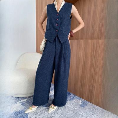 Spring Women's Fashion V-neck Suit Vest Wide-leg Pants Suit Blue Elegant Casual Basic French Office Women Two-piece Suit