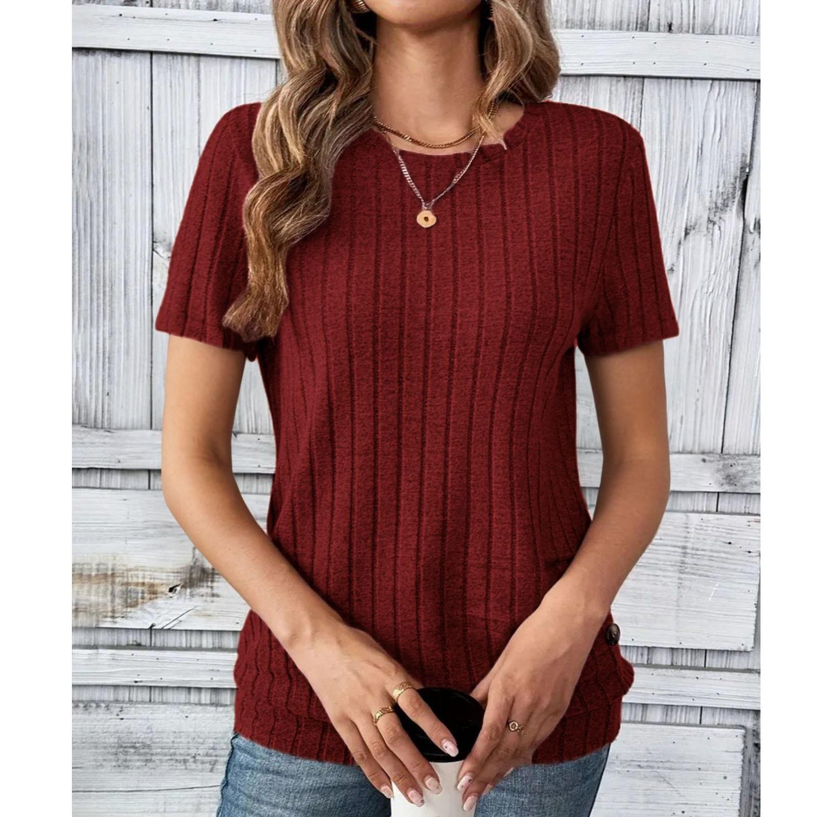 

Женская свободная повседневная футболка с круглым вырезом и однотонными полосками, топ на пуговицах, футболка с пуговицами XXL красный