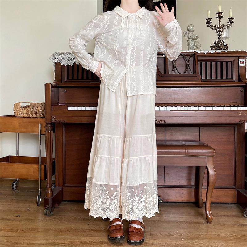 Damen Japanese Style Baumwolle Leinen Spitze Patchwork Weitbeinige Hosen